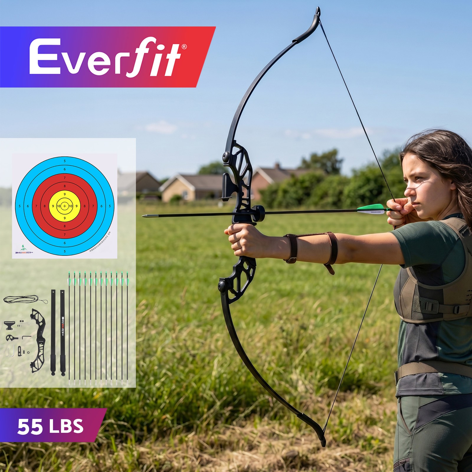 Everfit 55lbs Recurve Bow Arrow Set Beginner Green Fiberglass Arrows Aluminium