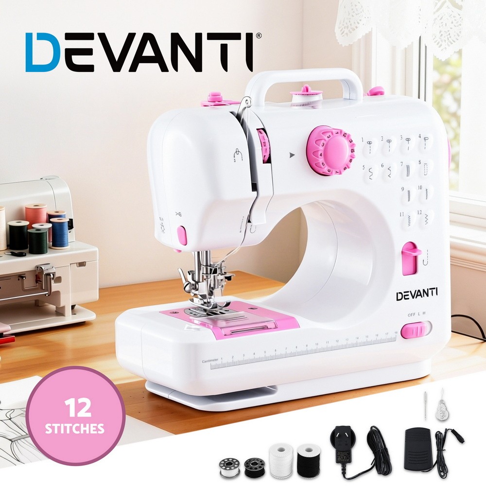 Devanti Mini Sewing Machine 12 Stitches Portable Beginners White Pink 2-Speed