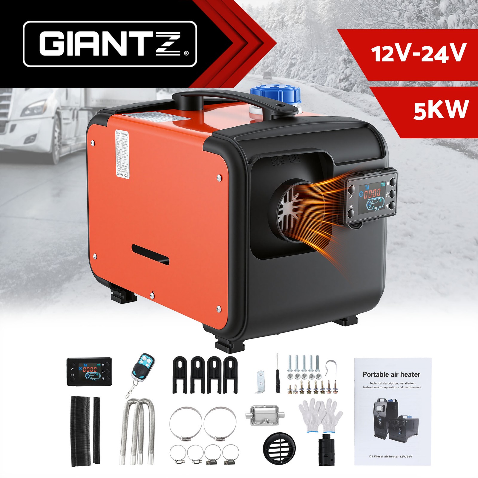 Giantz 5KW Diesel Air Heater 12/24V LCD Remote Control 5L Fuel Tank Caravan RV