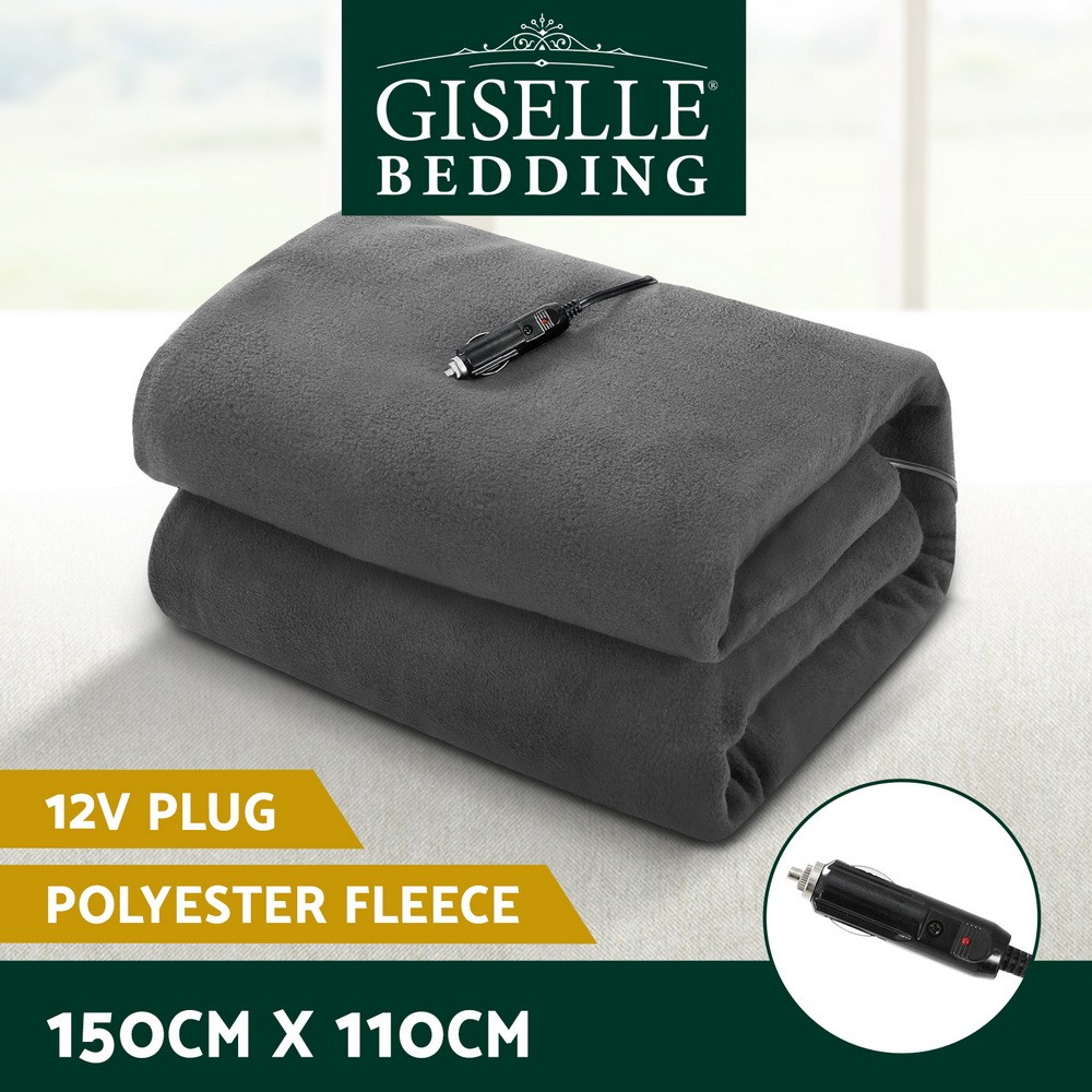 Giselle Electric Heated Car Blanket 12V DC Grey Fleece Truck Travel Camping