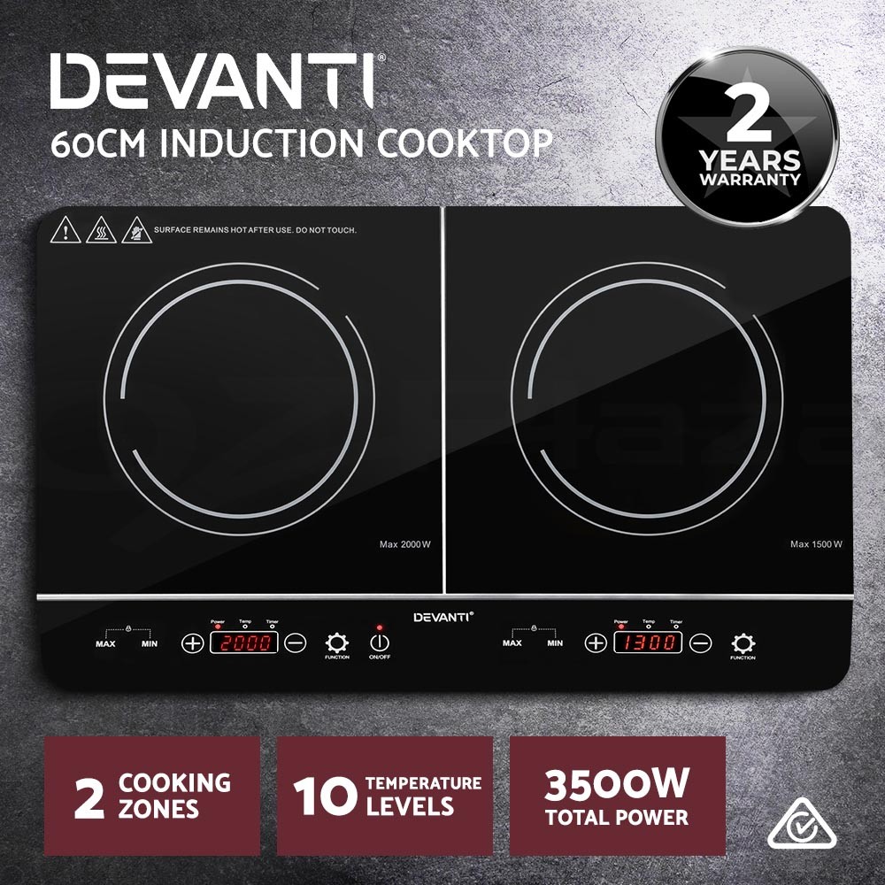 Devanti 60cm 2 zone Induction Cooktop Black Ceramic Glass Touch Control 3500W