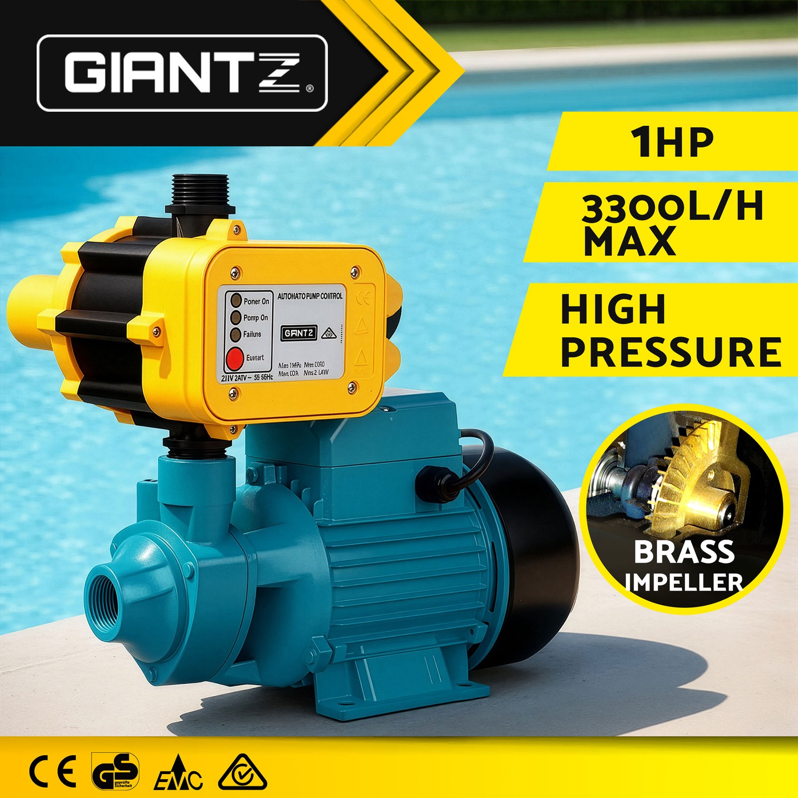 Giantz Peripheral Water Pump QB80 750W 1HP 3300L/H 60m Head Irrigation Yellow