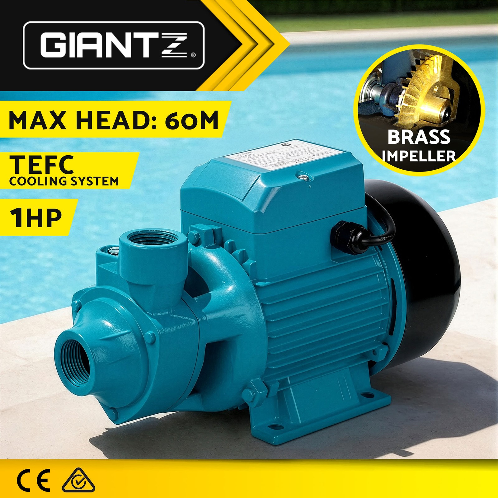 Giantz QB80 Peripheral Water Pump 750W 3300L/H 60m head Brass 1 HP Irrigation