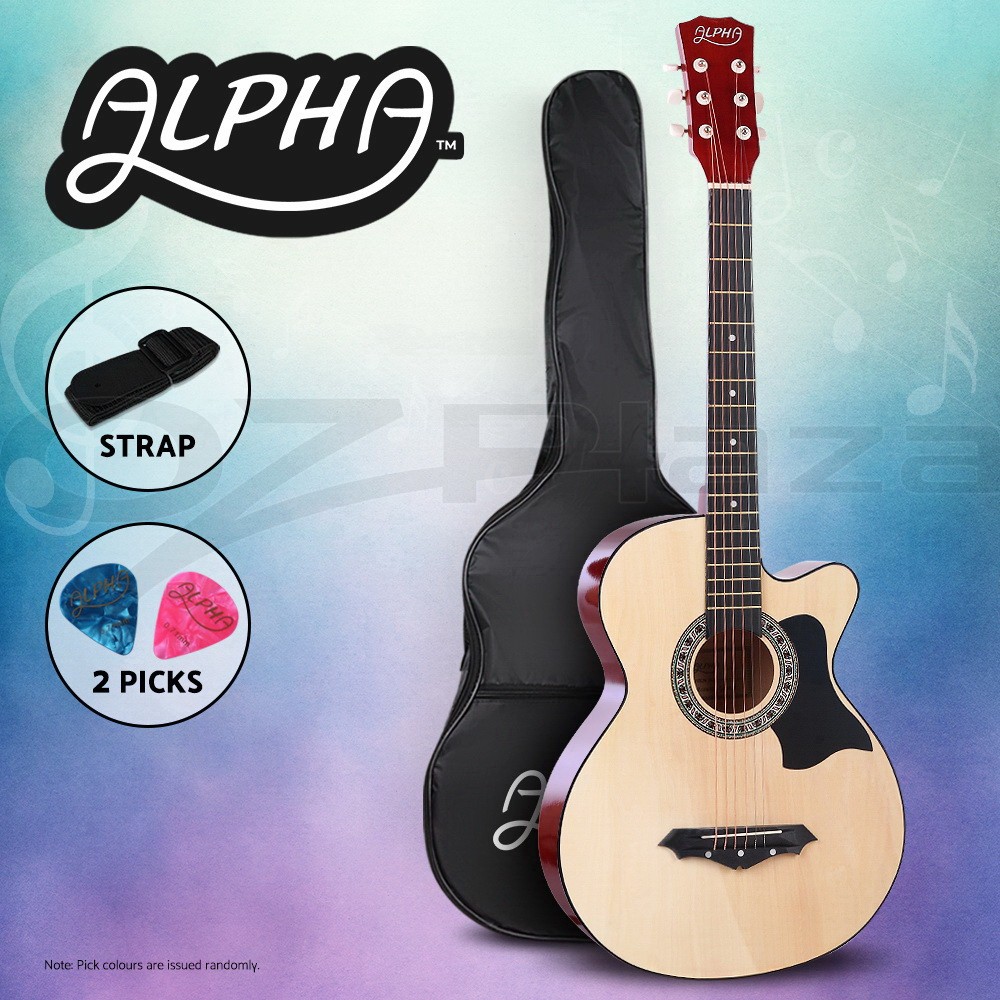 Alpha 38 Acoustic Guitar Cutaway Steel-Stringed Natural Wood Gig Bag Strap Picks