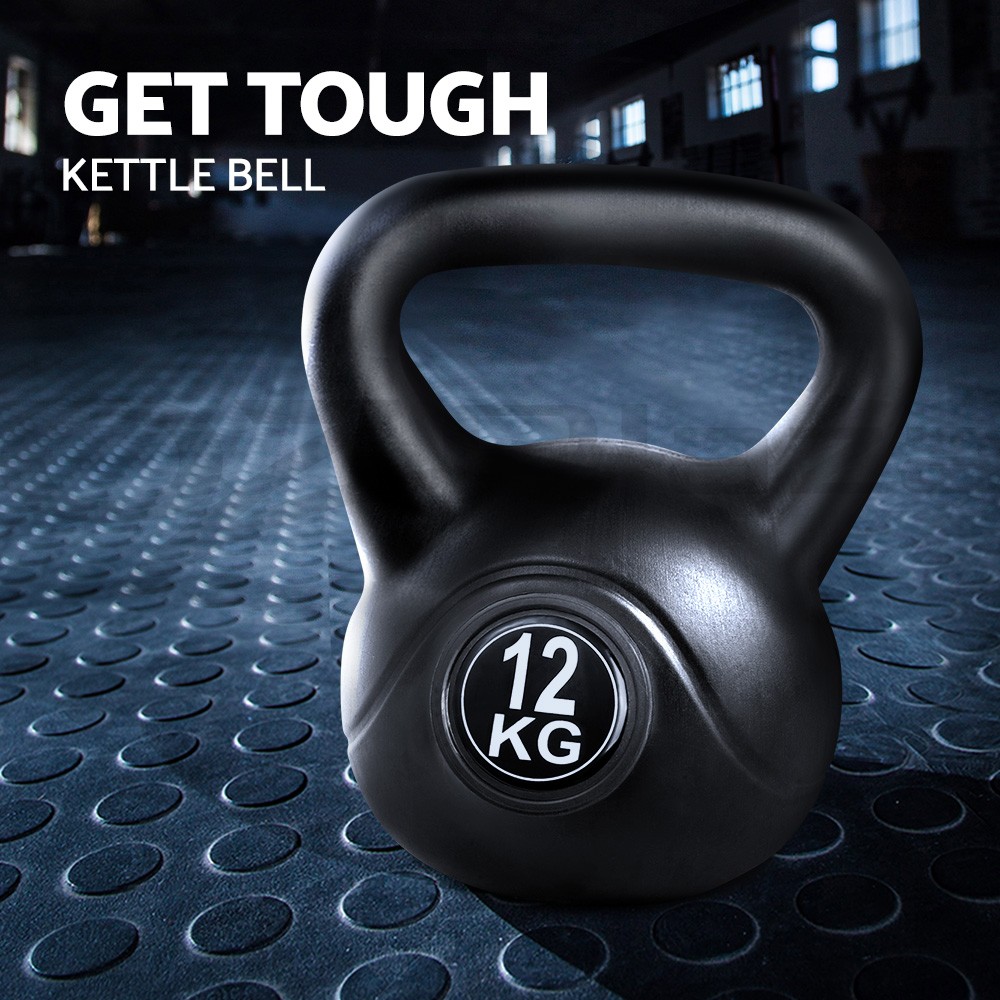 Everfit 12kg Kettlebell Black Concrete filled anti-slip grips Home Gym