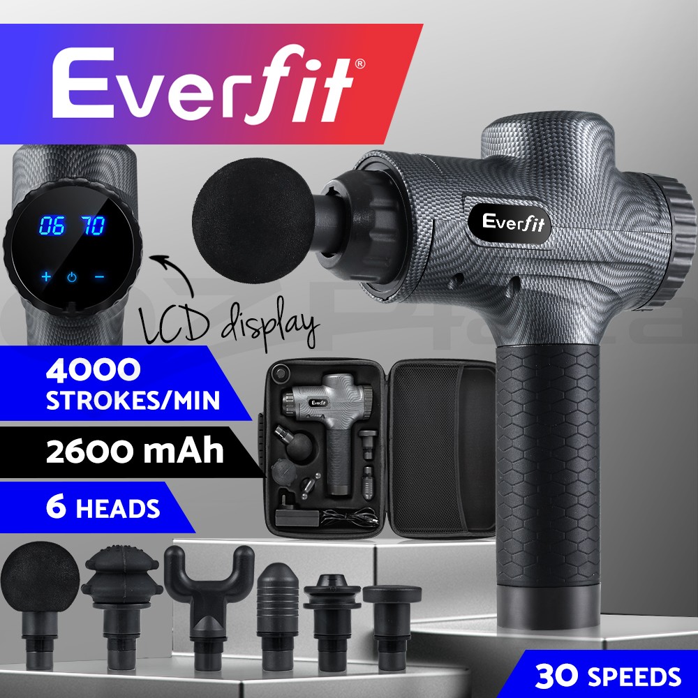 Everfit Massage Gun MG-M2-CB 6 Heads LCD 20V 4000 Percussions 12mm Grey Battery
