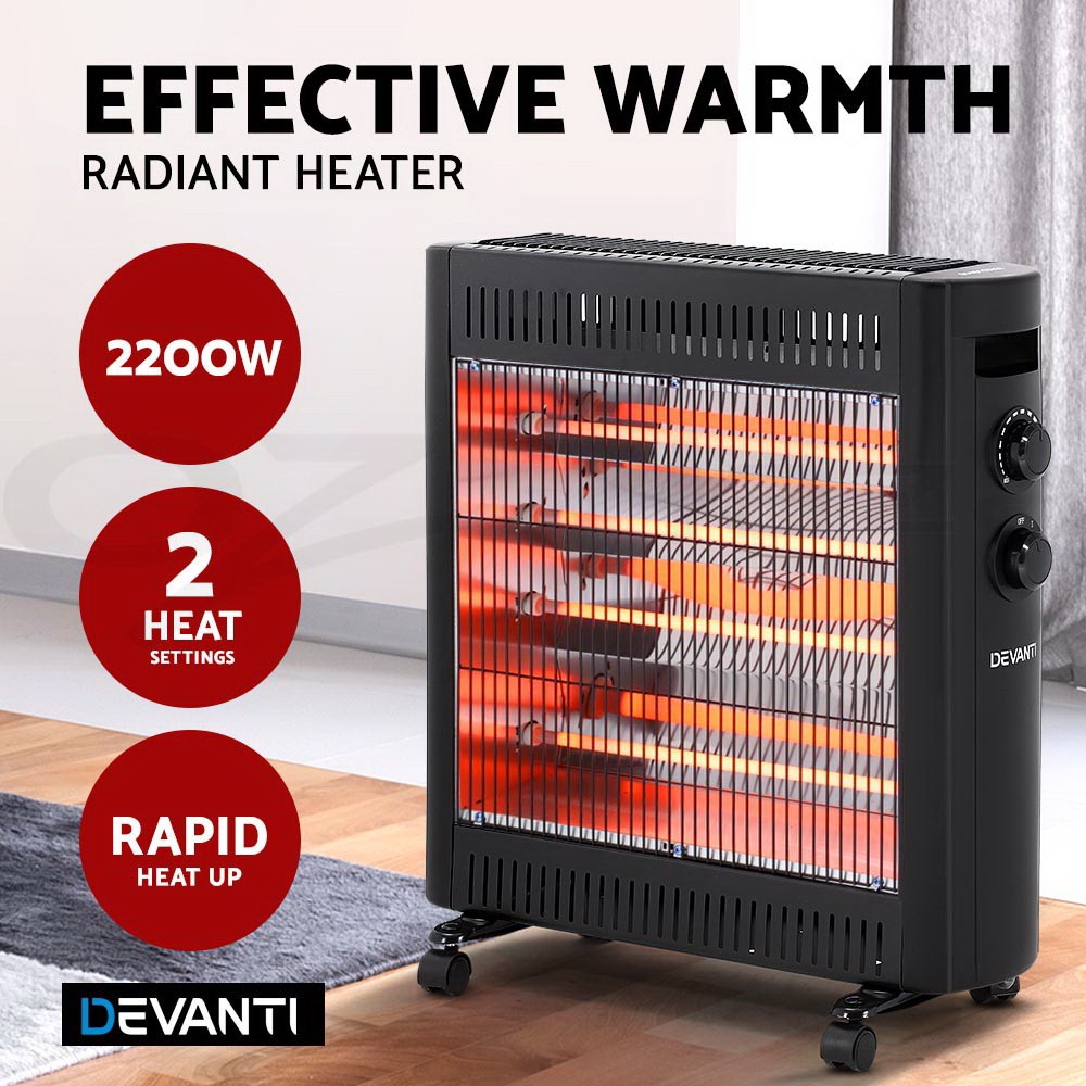 Devanti Infrared Radiant Heater 2200W Portable Electric Black Quartz Floor Unit