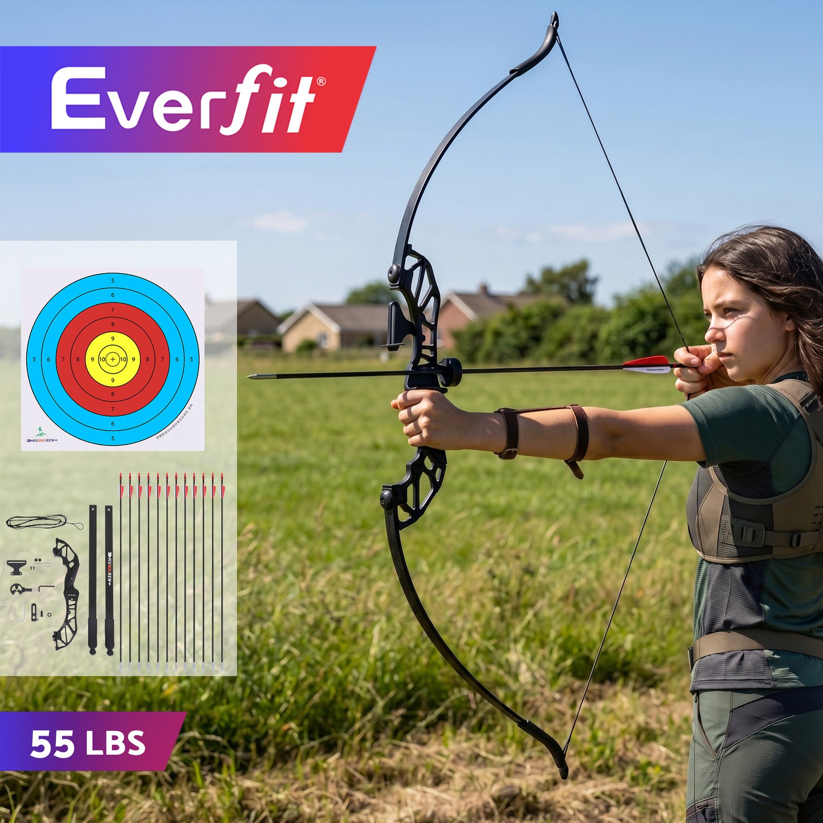 Everfit 55lbs Recurve Takedown Bow Arrow Set Fiberglass Arrows X12 Red Beginner