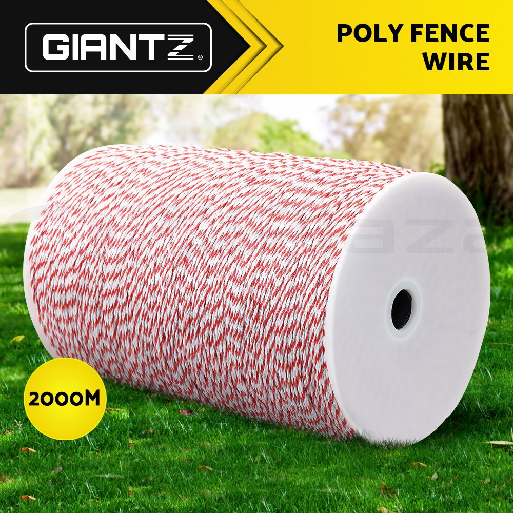 Giantz 2000M Polywire Electric Fence Wire Red White Stainless Steel 2.3mm Wide