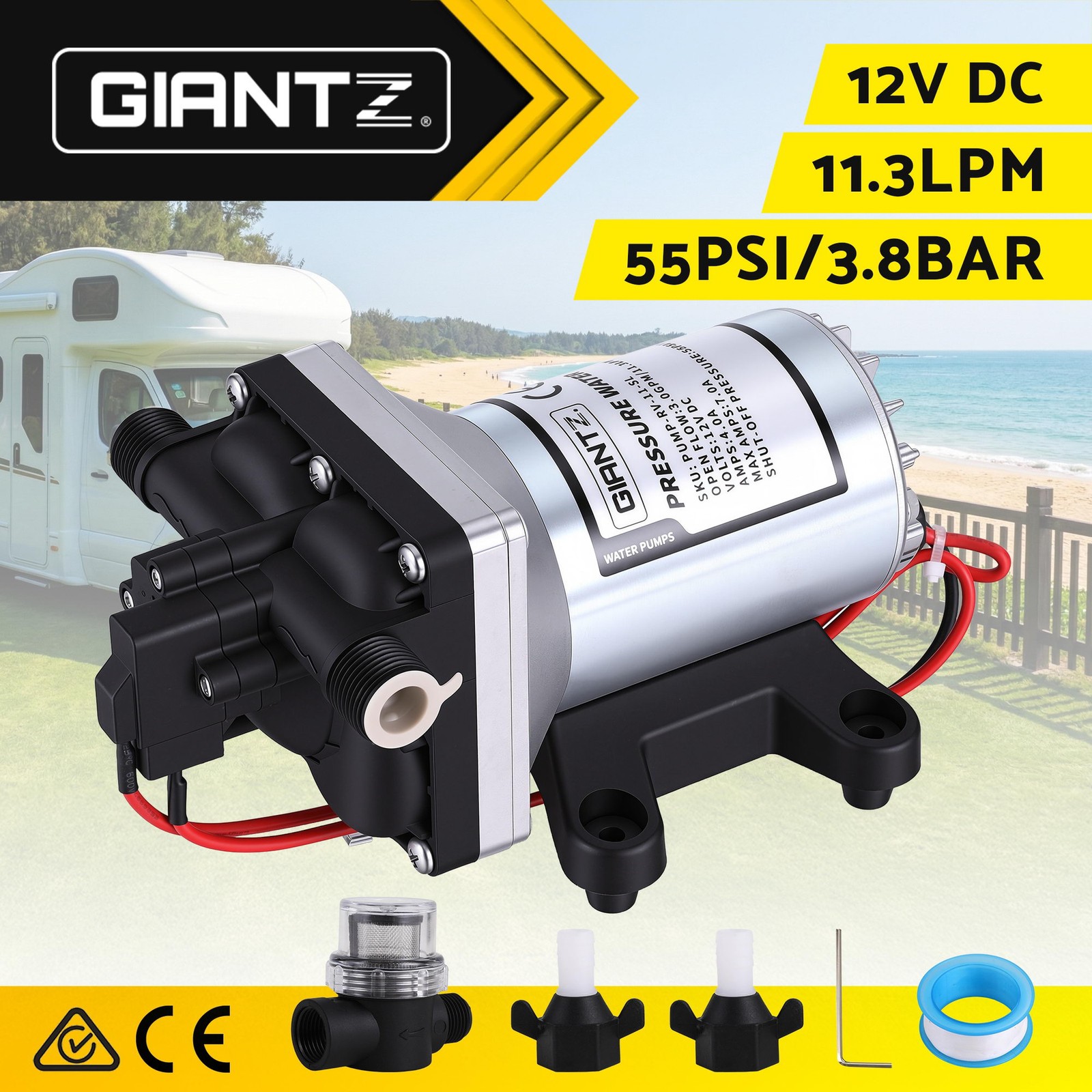 Giantz 12V DC Water Pump 11.3LPM 55PSI Automatic Self-Priming Caravan Camping