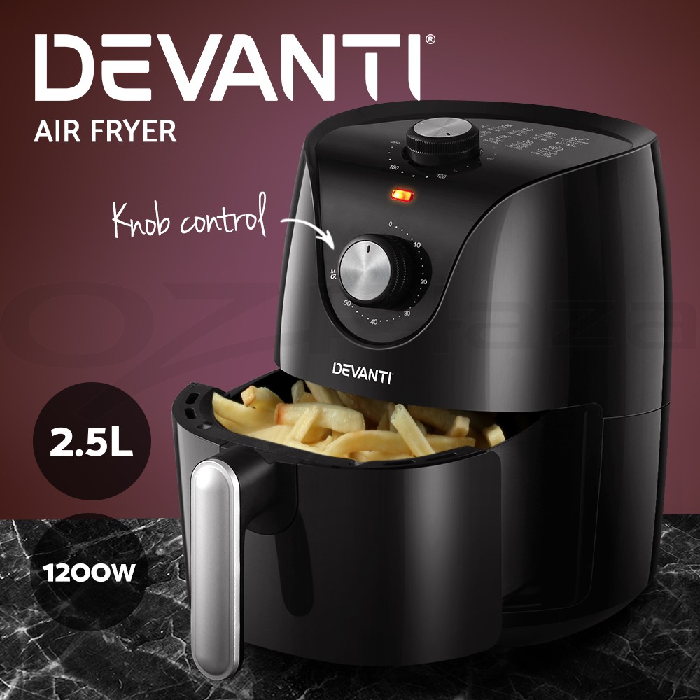 Devanti Air Fryer 2.5L 1200W Oil Free Non-stick Pan 60 min Timer Black Portable