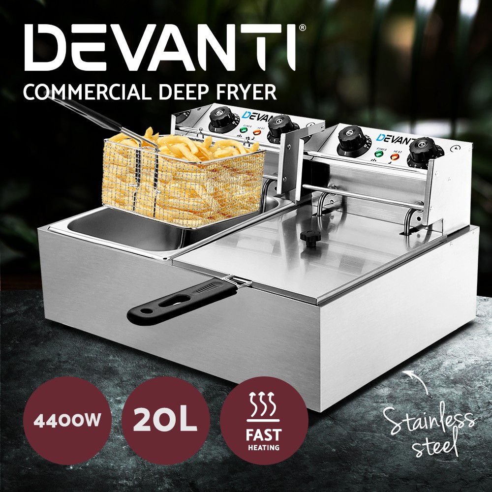 Devanti Commercial Electric Deep Fryer Twin Basket 2200 Silver 10L x2 Portable