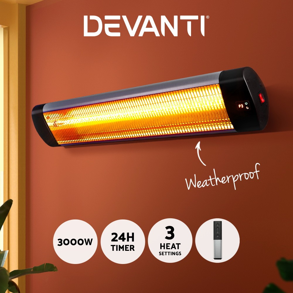 Devanti Radiant Strip Heater Electric 3000W IP65 Indoor Outdoor 3 Heat Settings