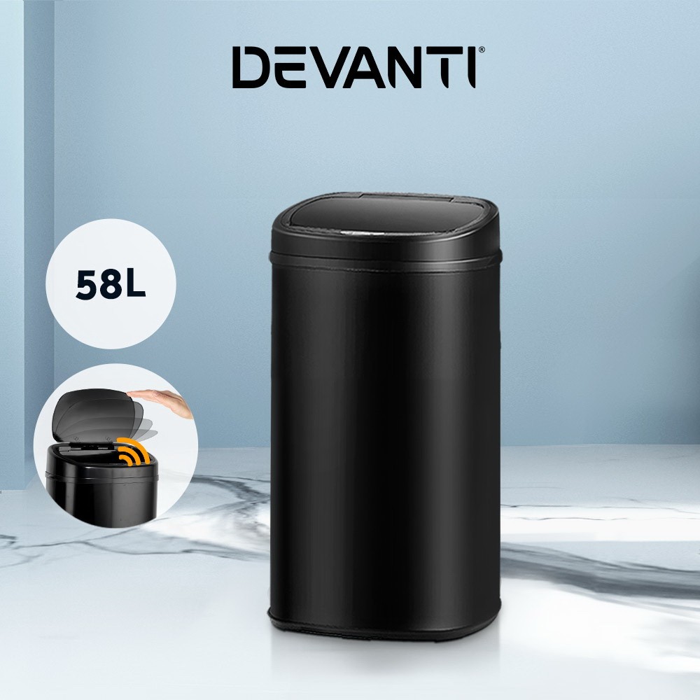 Devanti 58L Motion Sensor Bin Automatic Black Steel Hands-free Soft Closing