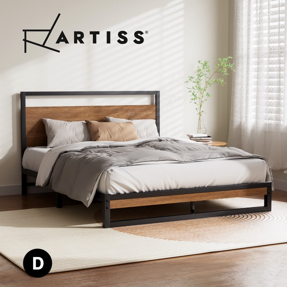 Artiss DANE Double Bed Frame Metal Platform Black Steel MDF Slats 300kg Assembly