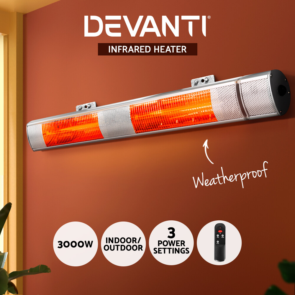 Devanti Infrared Halogen Strip Heater 3000W IP65 Remote Indoor/Outdoor Silver