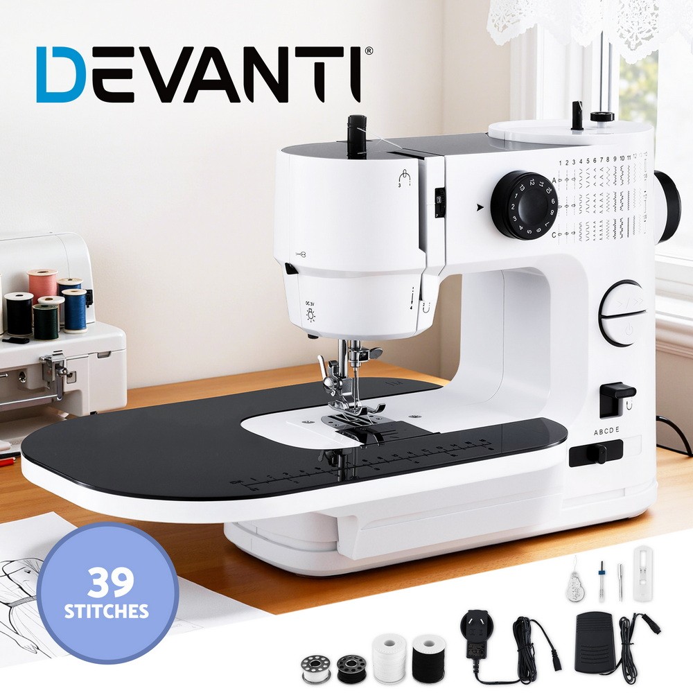 Devanti 39 Stitches Portable Sewing Machine White Black Light Extension 2-Speed