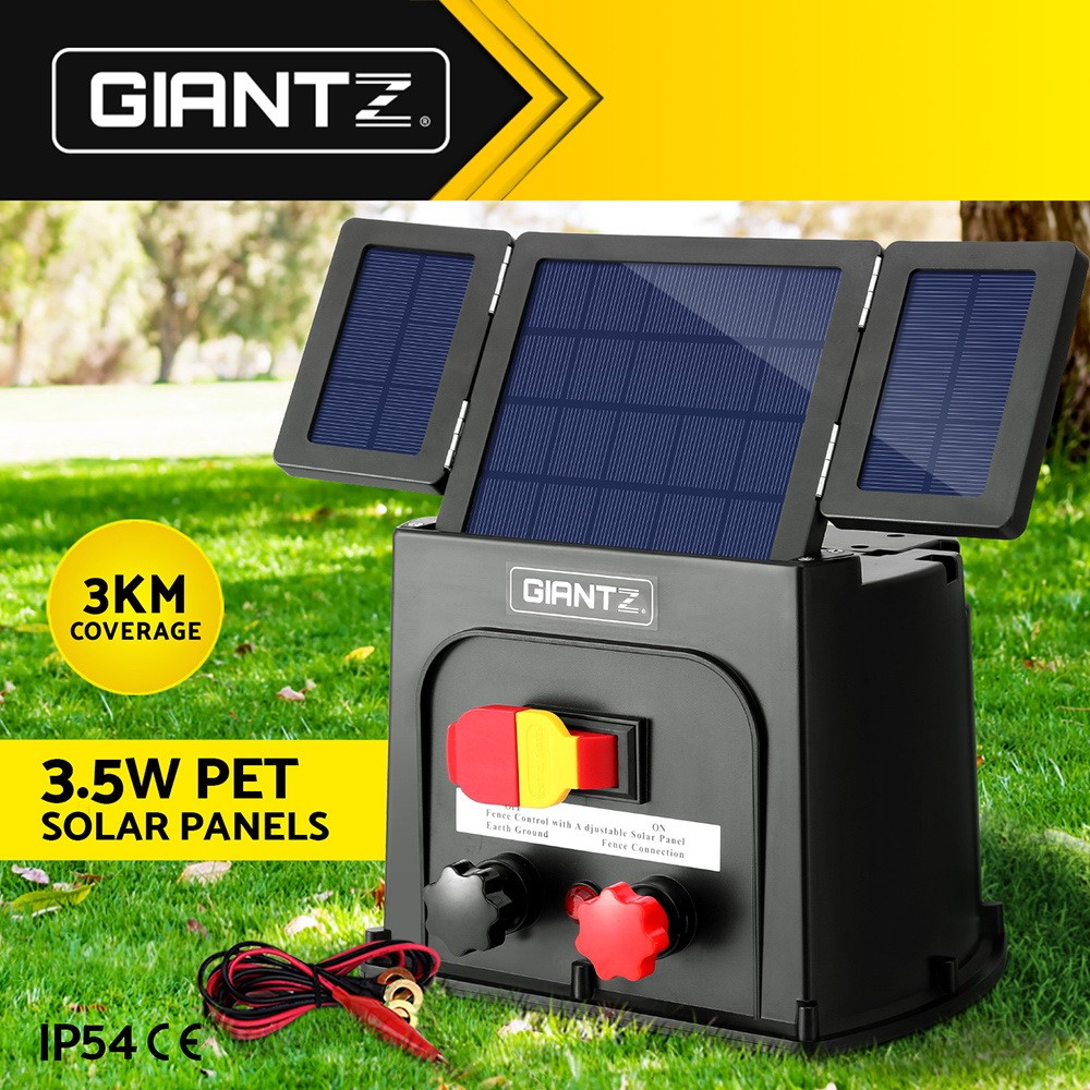 Giantz Solar Electric Fence Energiser 3KM Coverage PET Foldable IP54 Black