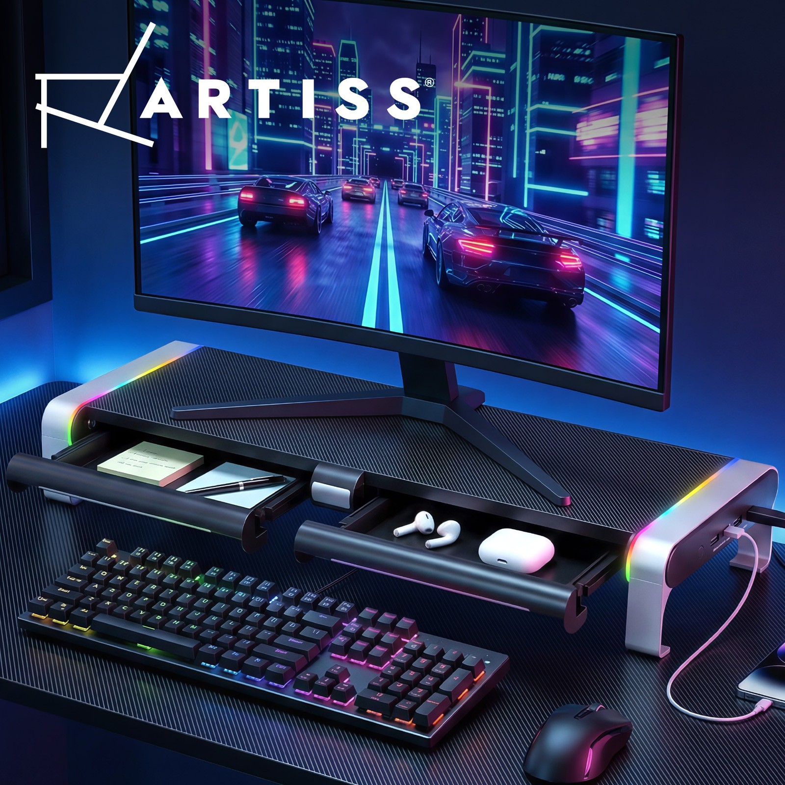 Artiss RGB Monitor Stand USB Hub Desk Organiser Black 54cm 4-port RGB Lighting