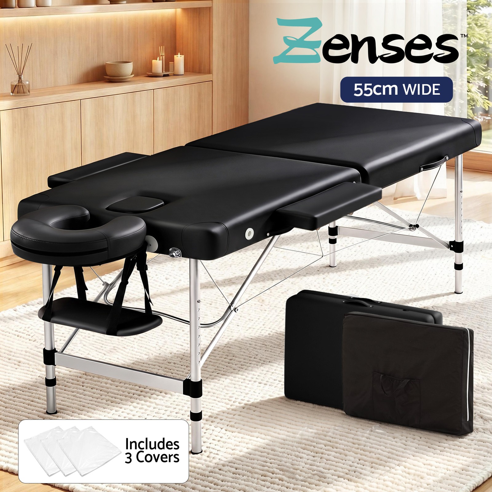 Zenses Portable Massage Table 55cm 2 Fold Aluminium Beauty Therapy Black Leather