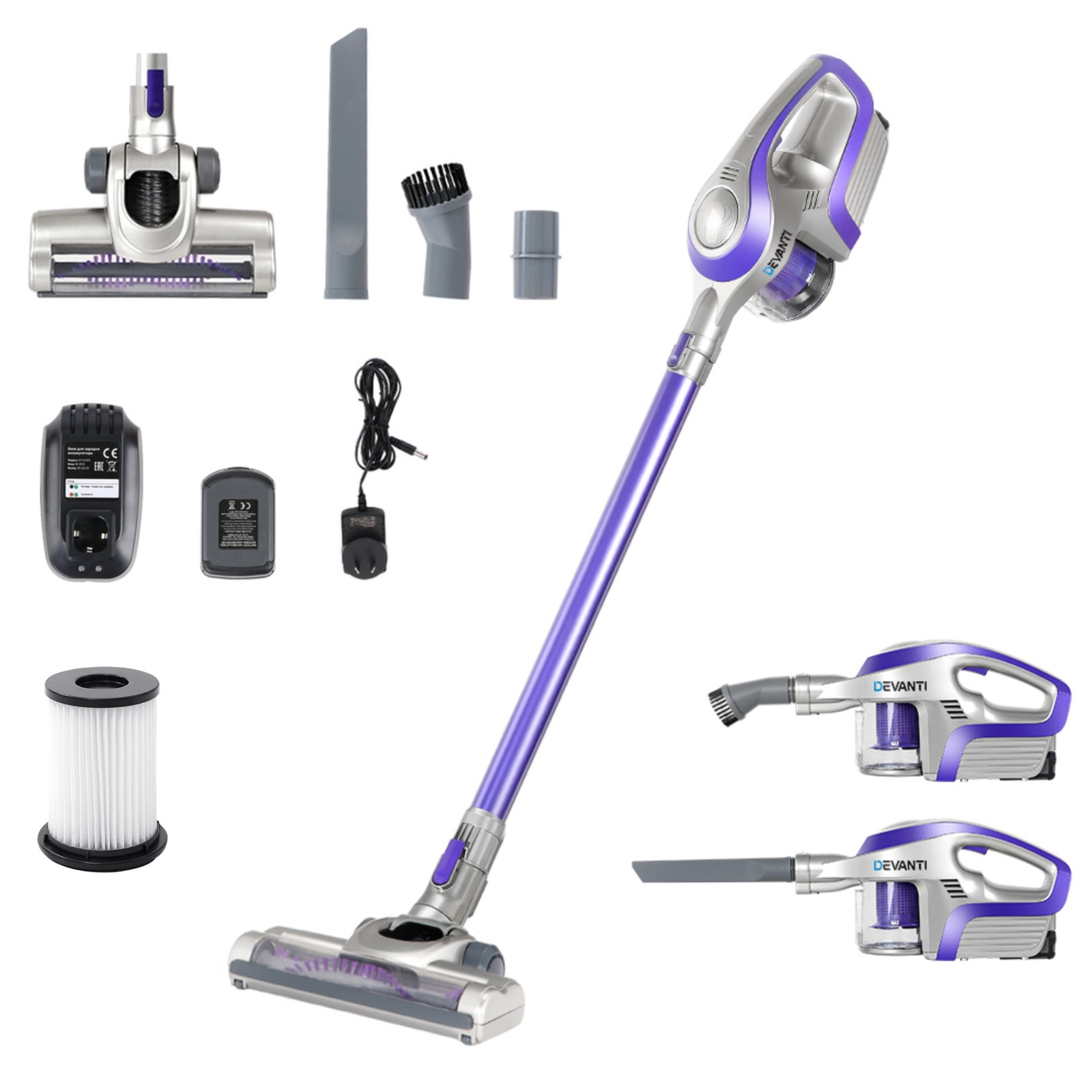 Devanti Cordless Stick Vacuum Cleaner 150W Handheld HEPA 8000Pa Purple Bagless