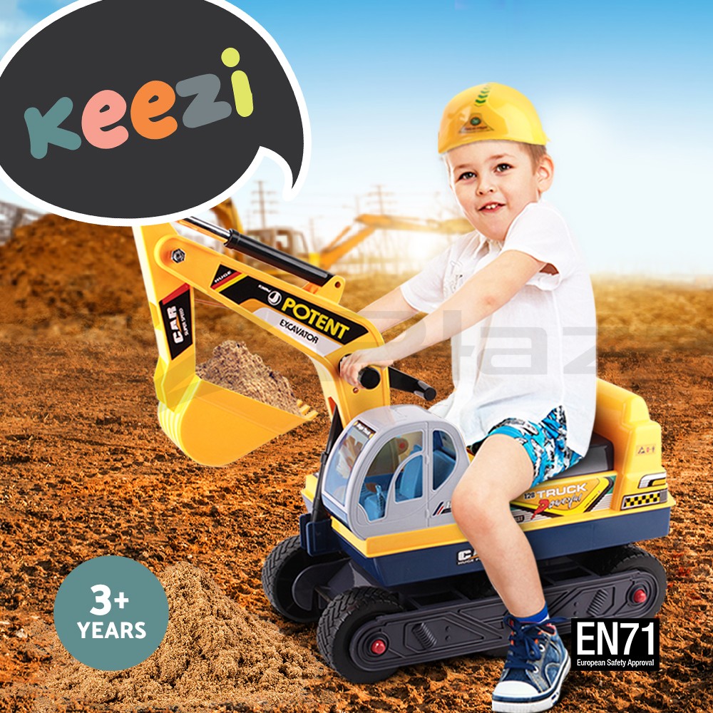 Keezi Ride On Excavator Construction Yellow Safety Helmet Pretend Play 3-4 Years