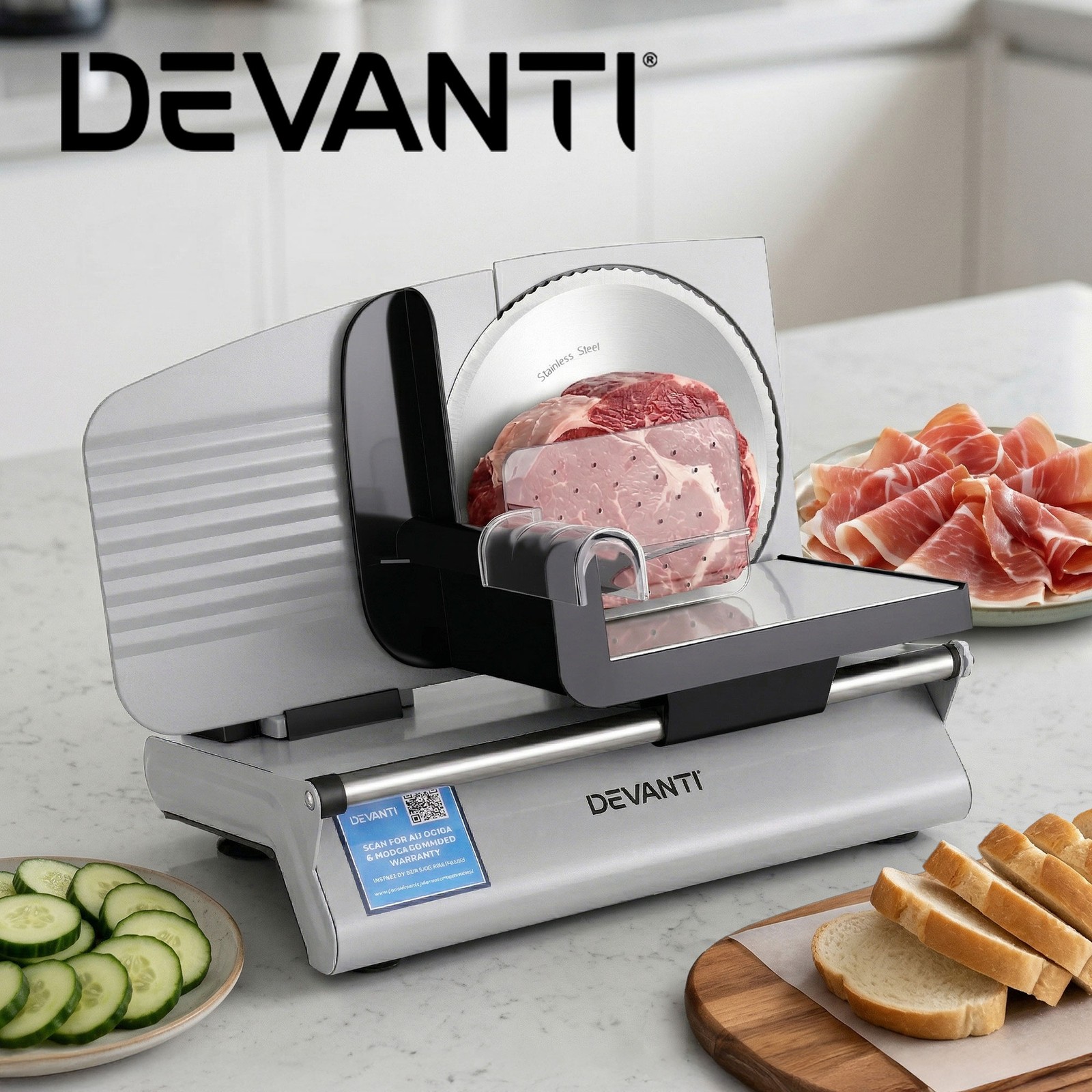Devanti Meat Slicer 200W Power Stainless Steel Blade 0-15mm Adjustable Silver
