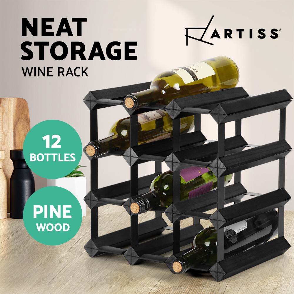 Artiss Timber Wine Rack 12 Bottle Black Pine Steel Storage Easy Assembly Modern