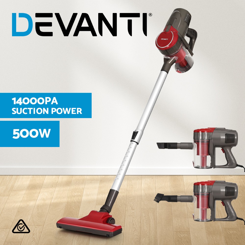 Devanti Handstick Vacuum Cleaner 500W Corded Bagless HEPA 3.8m Red Handheld 0.8L