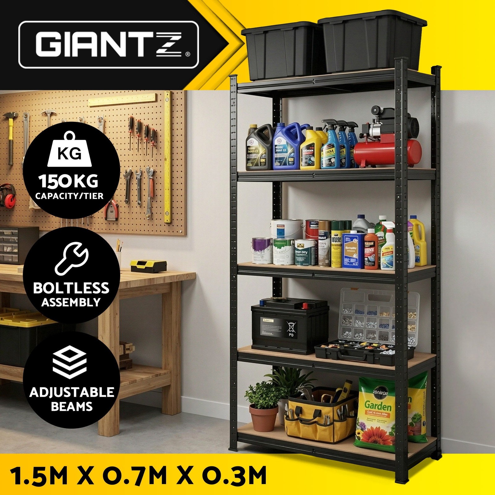 Giantz 5-Tier Steel Garage Shelving Rack Black 150cm 70 30 boltless 150kg tier