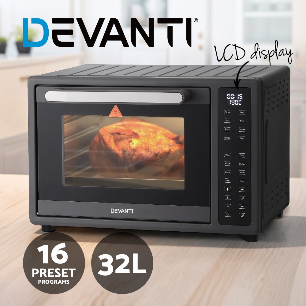 Devanti 32L Fryer 1700W Touch Black 16 Preset 360 Circulation 90-minute Timer