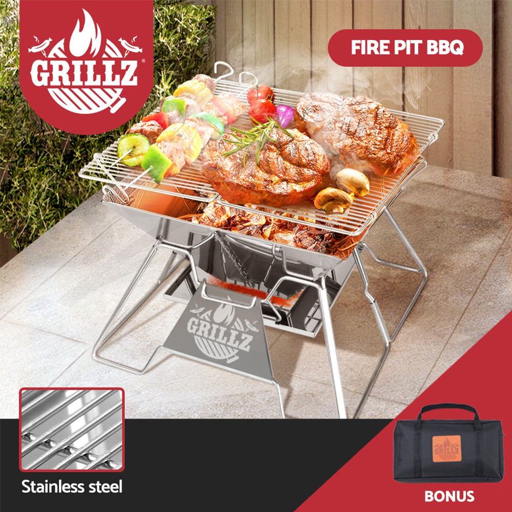 Giantz Camping BBQ 2-in-1 Fire Pit Portable Stainless Steel Charcoal Grill 34cm