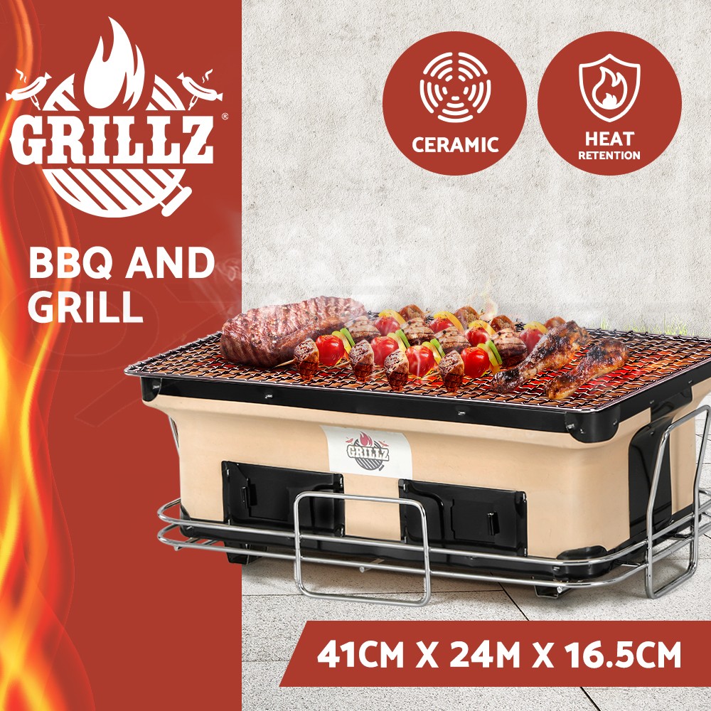 Grillz Ceramic Hibachi BBQ Grill Smoker Tabletop Charcoal Portable Two Chambers