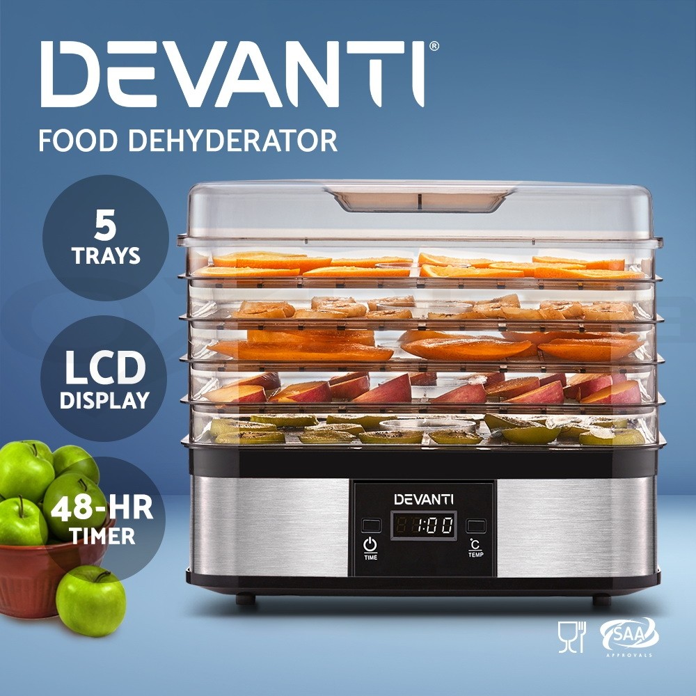 Devanti Food Dehydrator 5 Trays Stainless Steel Silver 245W Timer 48 hrs 240V