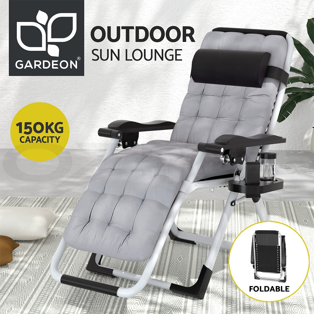 Gardeon Folding Sun Lounger Zero Gravity Chair Outdoor Adjustable Black Steel