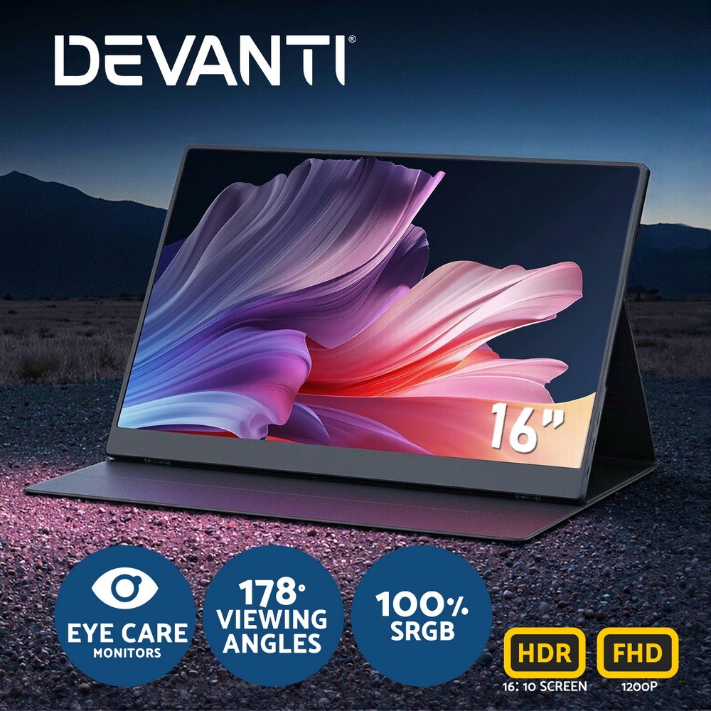 Devanti 16 Portable Monitor IPS 1200P Laptop Screen Extender USB-C HDMI Gaming
