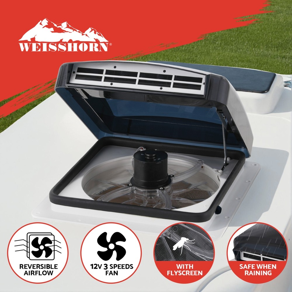 Weisshorn Caravan Roof Vent 12V Reversible Fan Stainless Steel Flyscreen 42cm