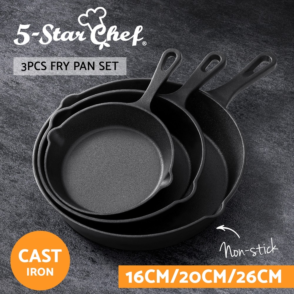 5-Star Chef Cast Iron Frying Pan Set 3PCS 16cm 20cm 26cm Double pouring spouts