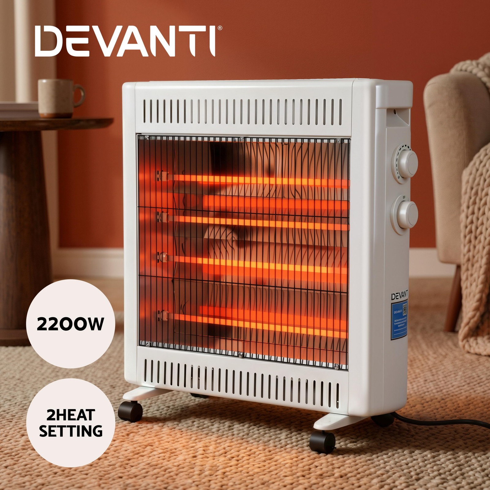 Devanti 2200W Infrared Radiant Heater Portable Electric Space Heating White