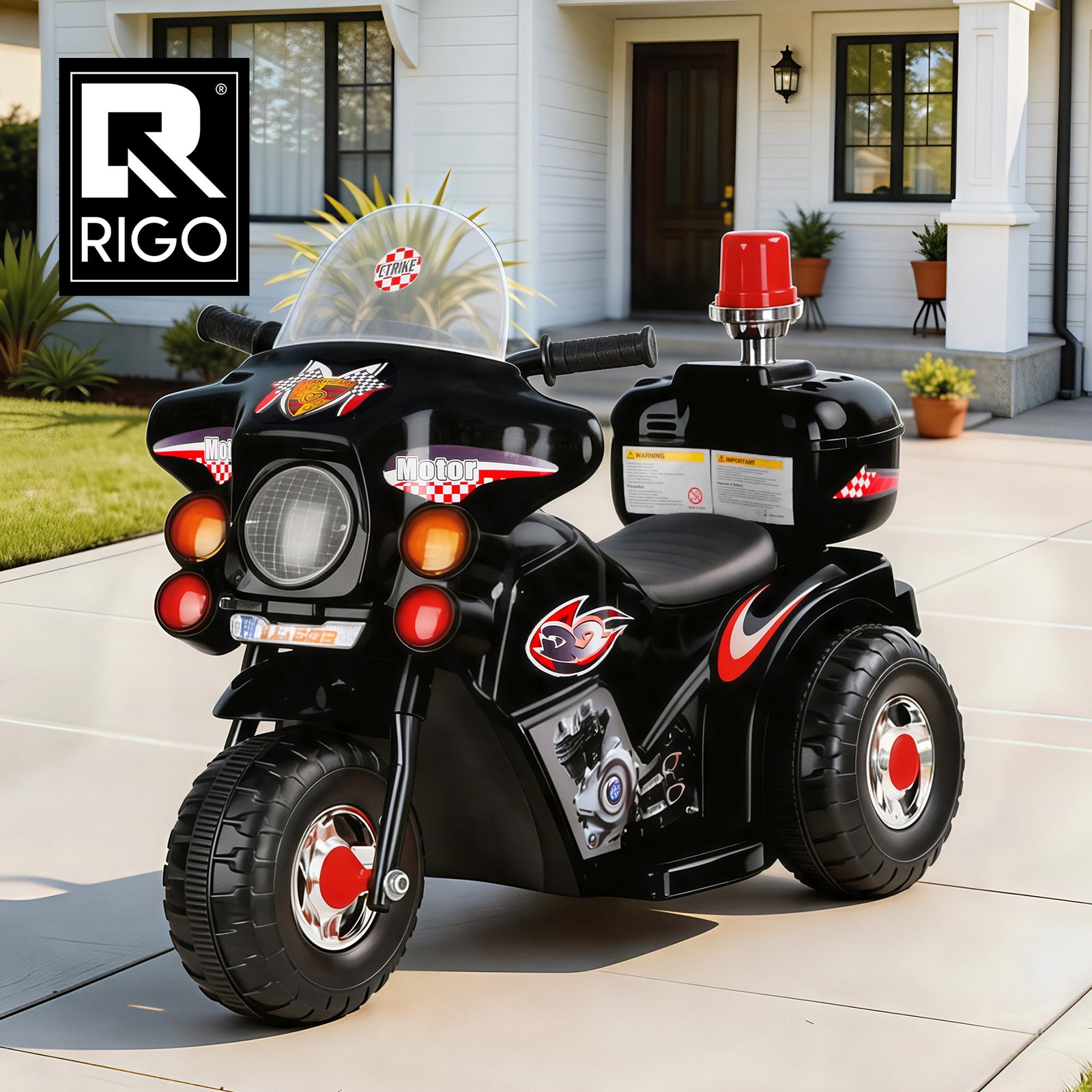 Rigo Kids Electric Ride On Police Motorcycle 6V Battery Black Flashing Siren