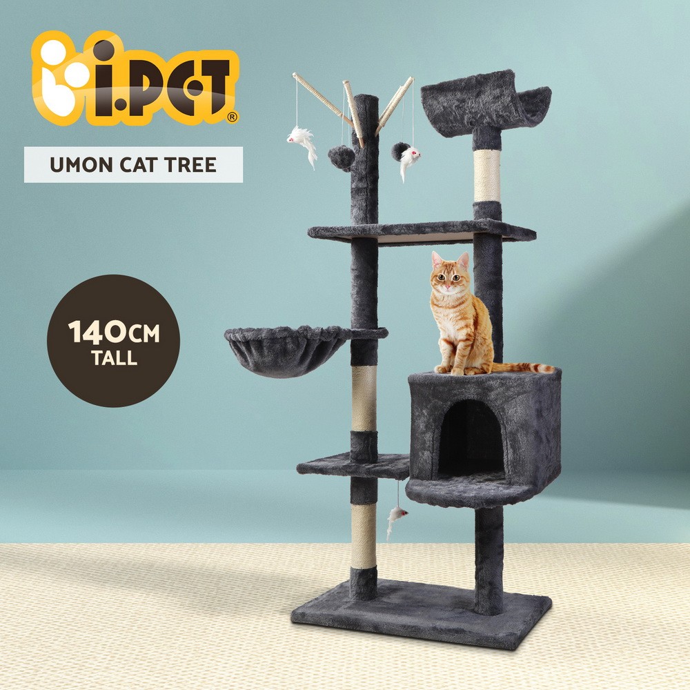 i.Pet Umon Cat Tree Tower 140cm Scratching Post Sisal Hammock Bed Toys Grey