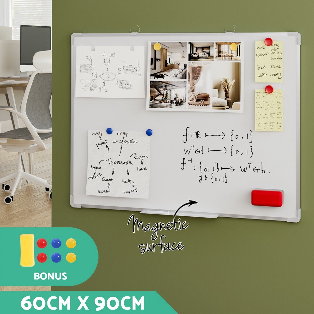 Magnetic Whiteboard 60x90cm Double-Sided Lockable Casters Marker Eraser Tray