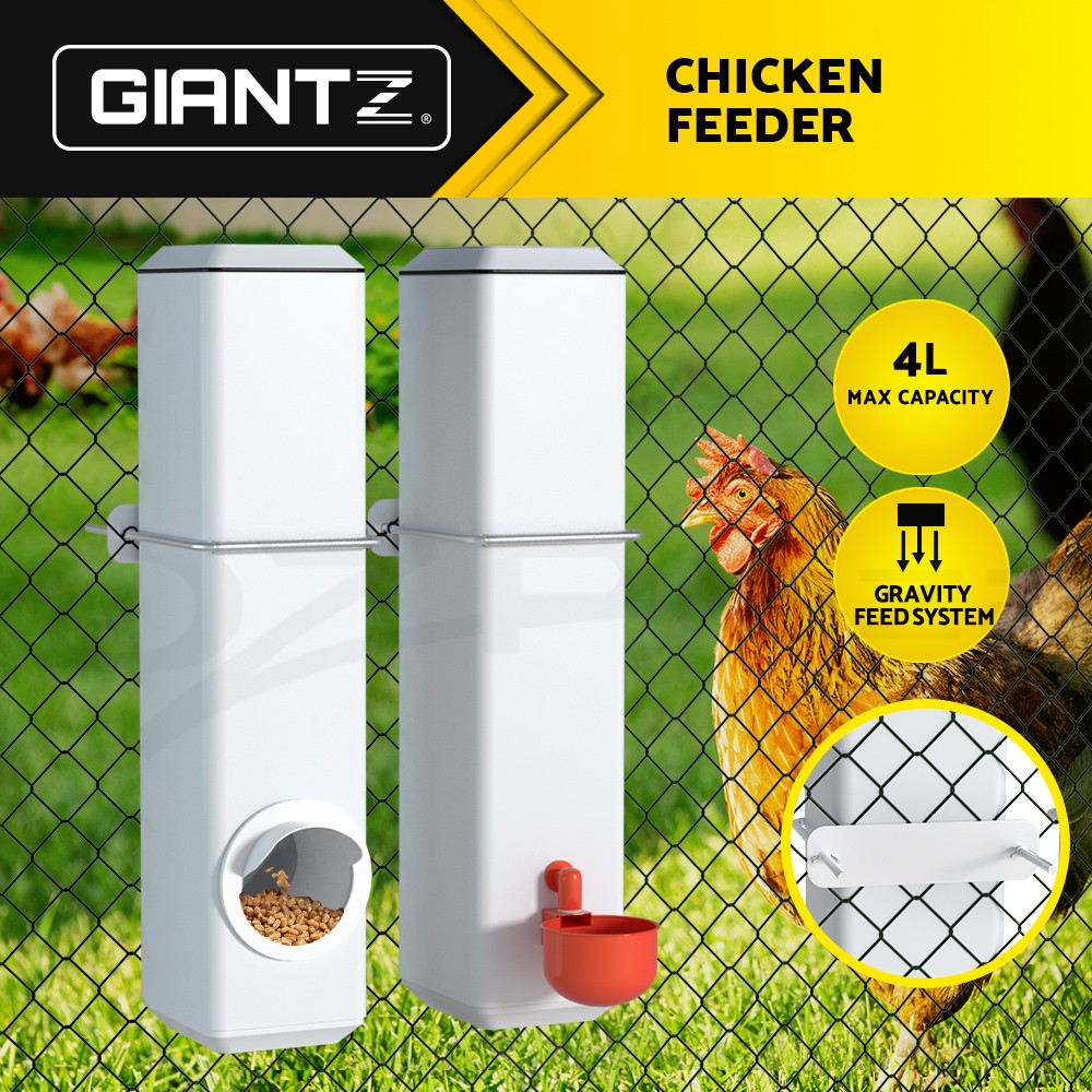 Giantz Chicken Feeder Waterer Kit 4L Automatic Gravity Feed PVC Plastic White