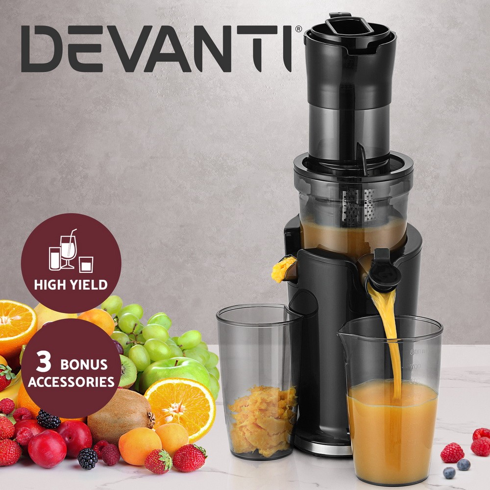 Devanti Cold Press Juicer 200W Black Masticating Auger 78mm wide-mouthed Feeding