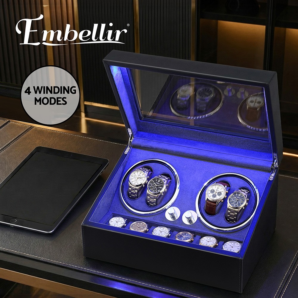 Embellir Automatic Watch Winder Dual Rotators LED Faux Leather Black 34x24x18cm