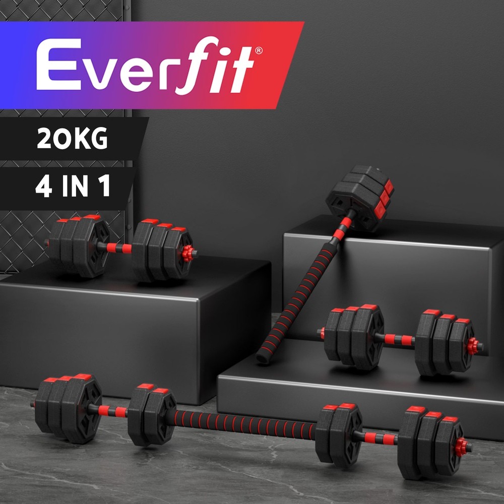 Everfit 20kg 4-in-1 Adjustable Dumbbell Barbell Set Weight Plates Home Workout