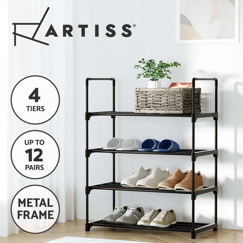 Artiss Shoe Rack Stackable 4 Tiers 12 Pairs Black Metal Storage STACK-SHOE-03-BK