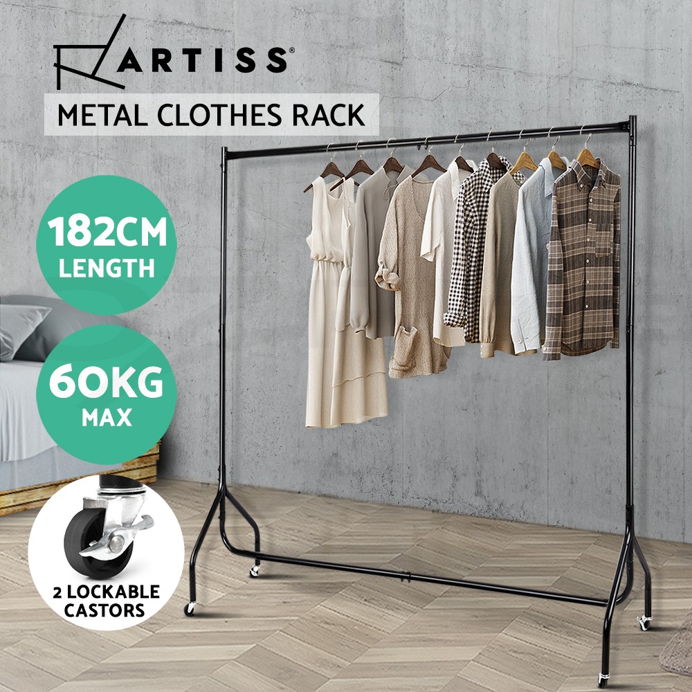 Artiss Metal Clothes Rack Garment Rail Stand 6FT Black 60kg Wheels Portable