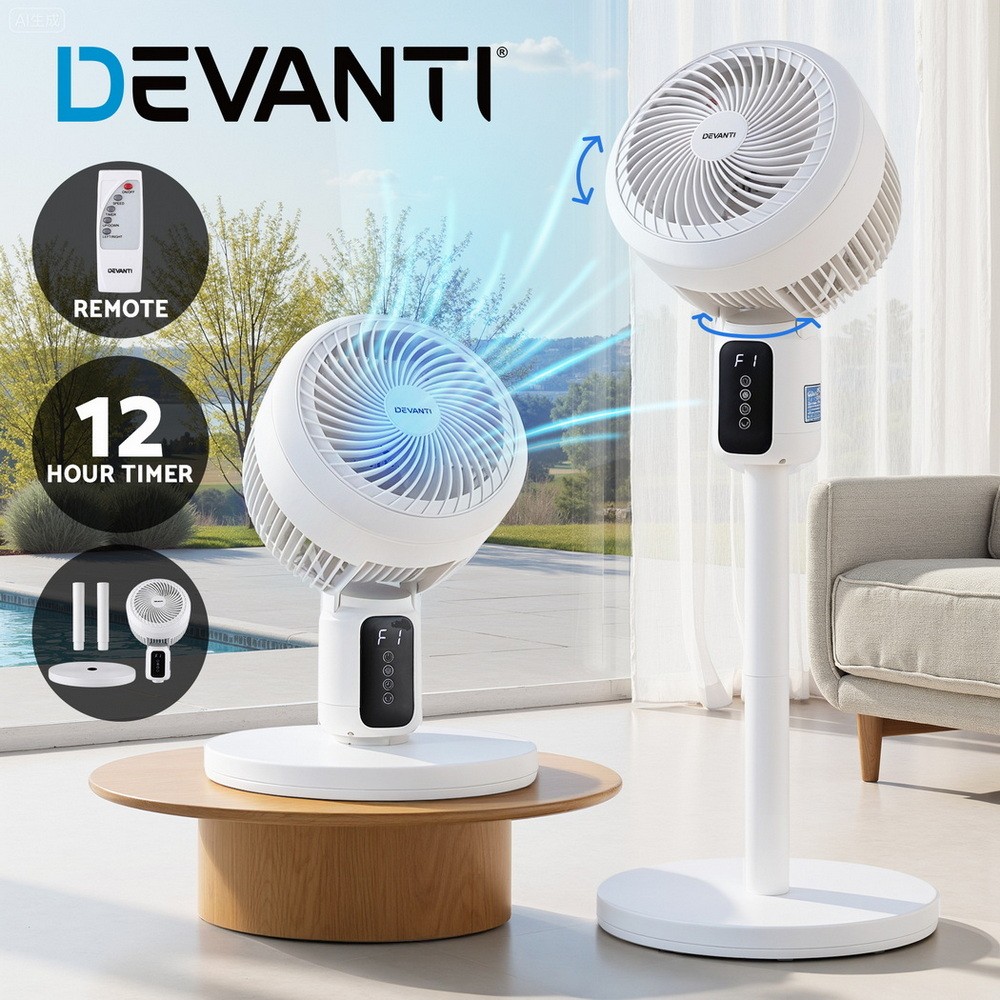 Devanti Pedestal Fan White 80cm Height Adjustable 3 Speed Remote 12H Timer LED