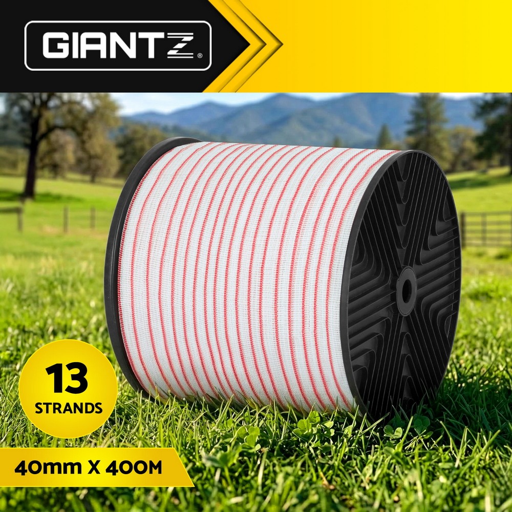Giantz Electric Fence Polytape 40mm 400M Red White UV-resistant Solar Energiser